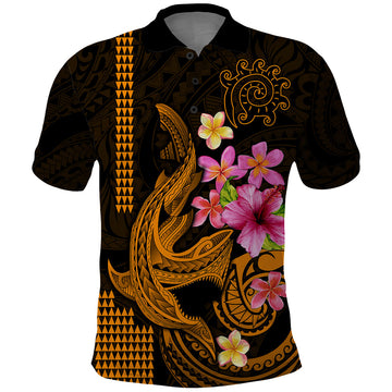 Custom Polynesian Polo Shirt Hawaiian Warriors with Tribal Shark Tattoos - Gold LT9