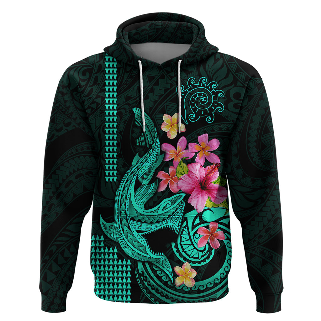 Custom Polynesian Hoodie Hawaiian Warriors with Tribal Shark Tattoos - Turquoise LT9