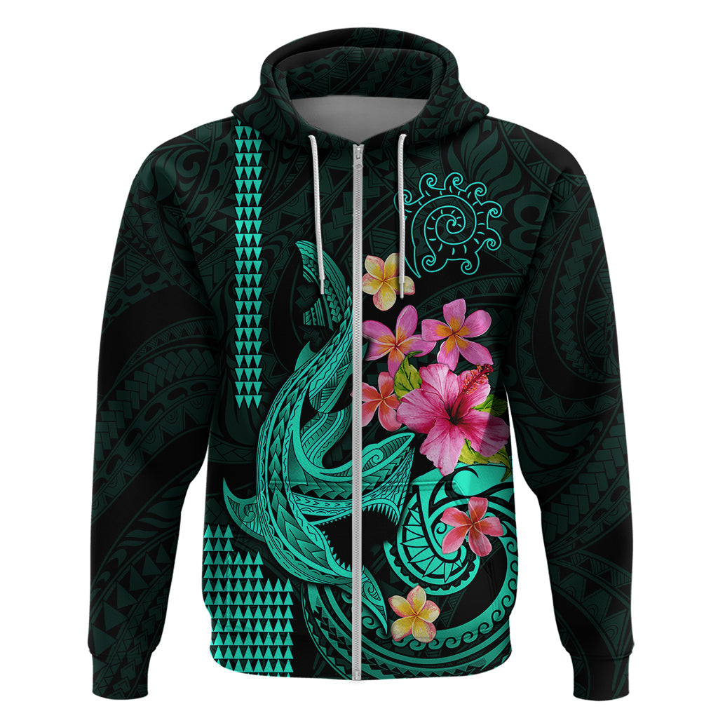 Custom Polynesian Hoodie Hawaiian Warriors with Tribal Shark Tattoos - Turquoise LT9