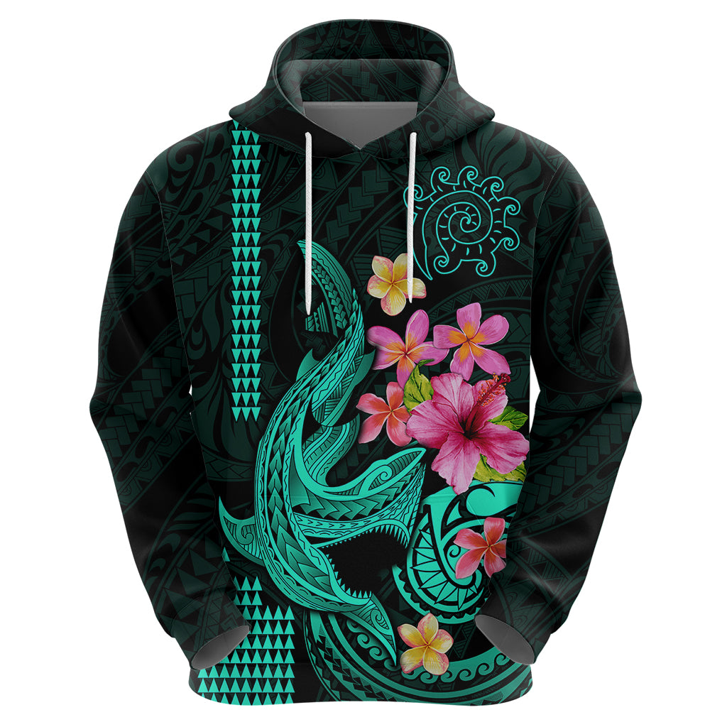 Custom Polynesian Hoodie Hawaiian Warriors with Tribal Shark Tattoos - Turquoise LT9