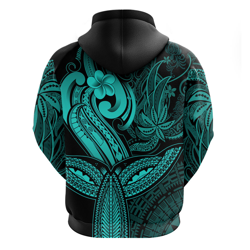 Polynesia Hoodie Whale Tale and Polynesian Sunset Plumeria Turquoise LT9
