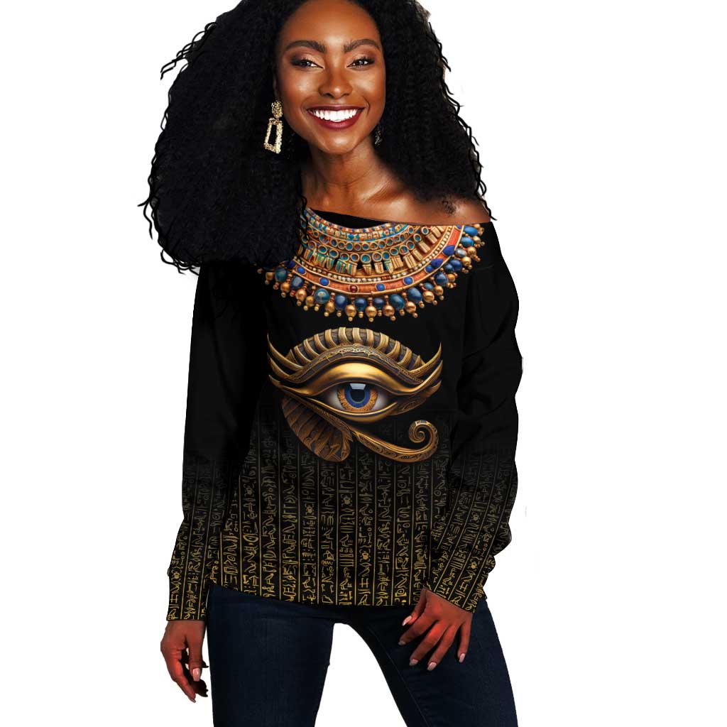 Egypt Eyes Of Horus Off Shoulder Sweater with Egyptian Hieroglyphs LT9