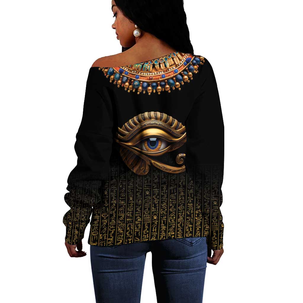 Egypt Eyes Of Horus Off Shoulder Sweater with Egyptian Hieroglyphs LT9