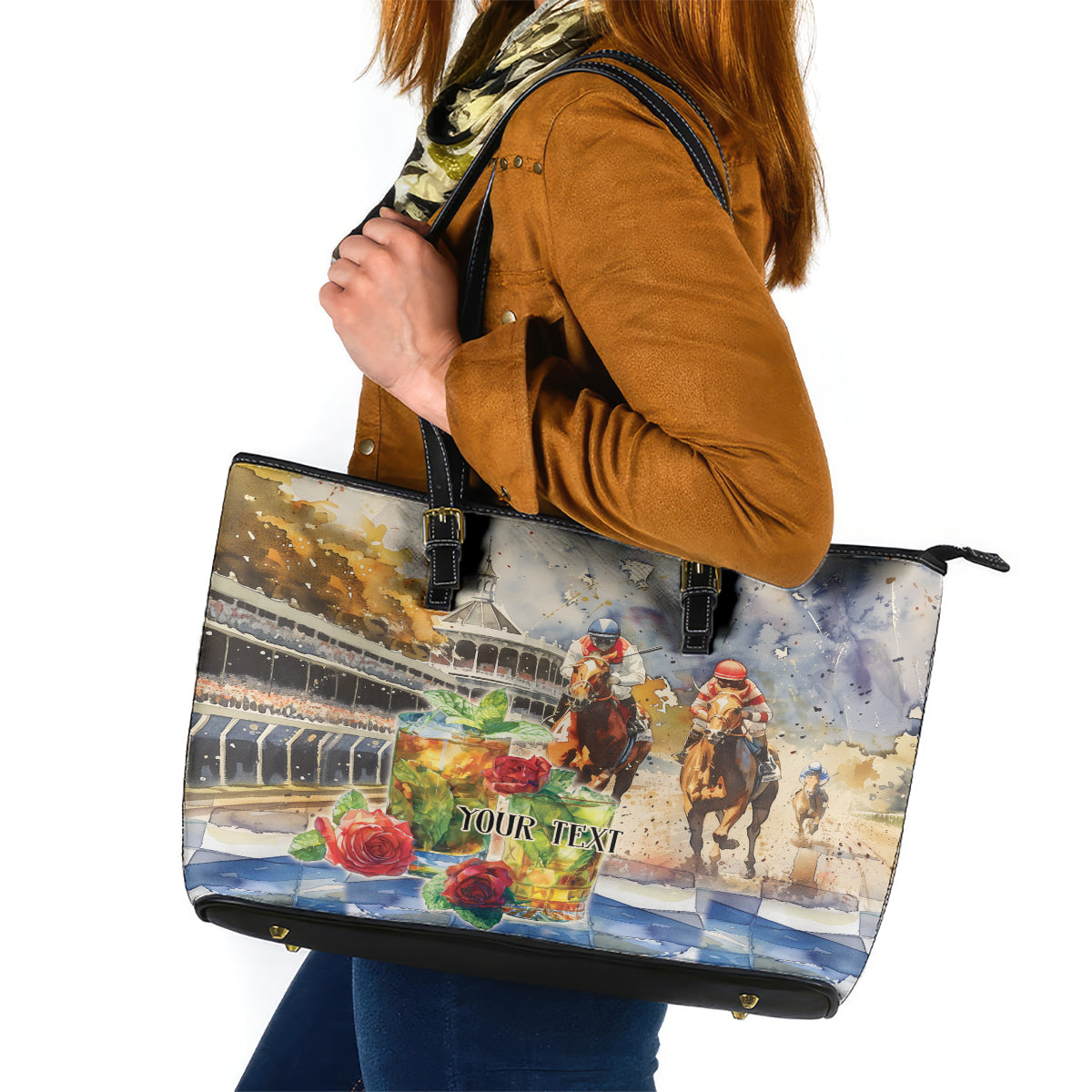 Personalized Kentucky Horse Race Leather Tote Bag With Mint Julep Cocktail LT9