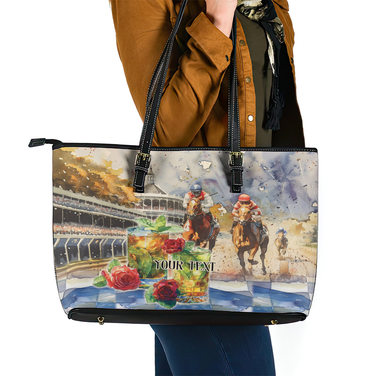 Personalized Kentucky Horse Race Leather Tote Bag With Mint Julep Cocktail LT9