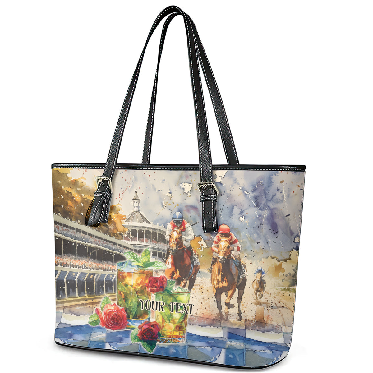 Personalized Kentucky Horse Race Leather Tote Bag With Mint Julep Cocktail LT9