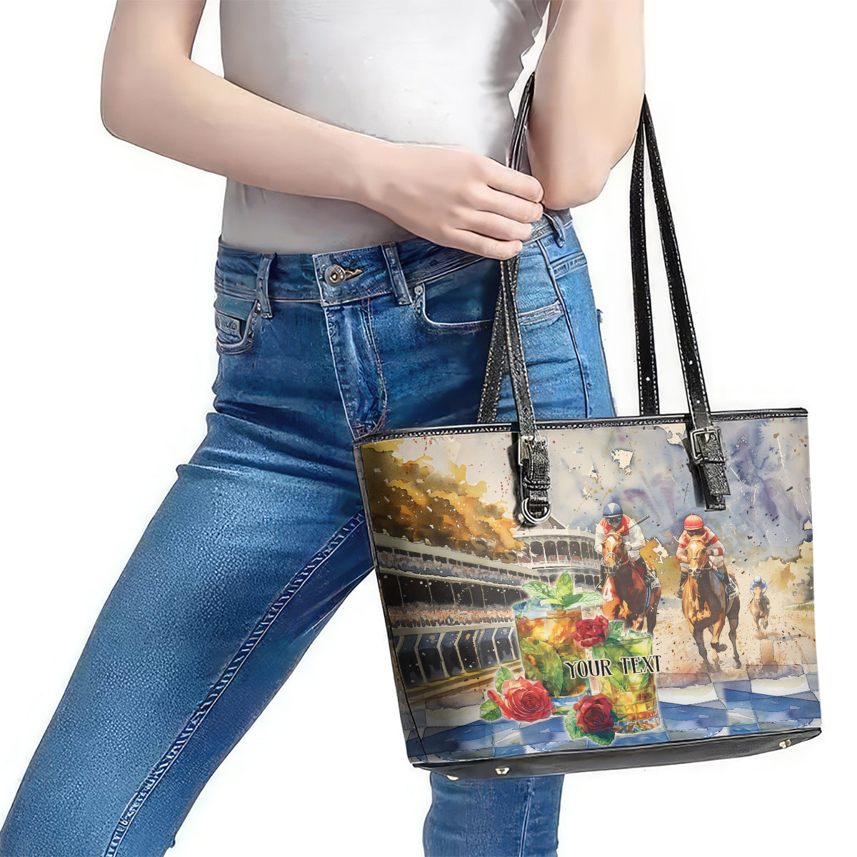 Personalized Kentucky Horse Race Leather Tote Bag With Mint Julep Cocktail LT9
