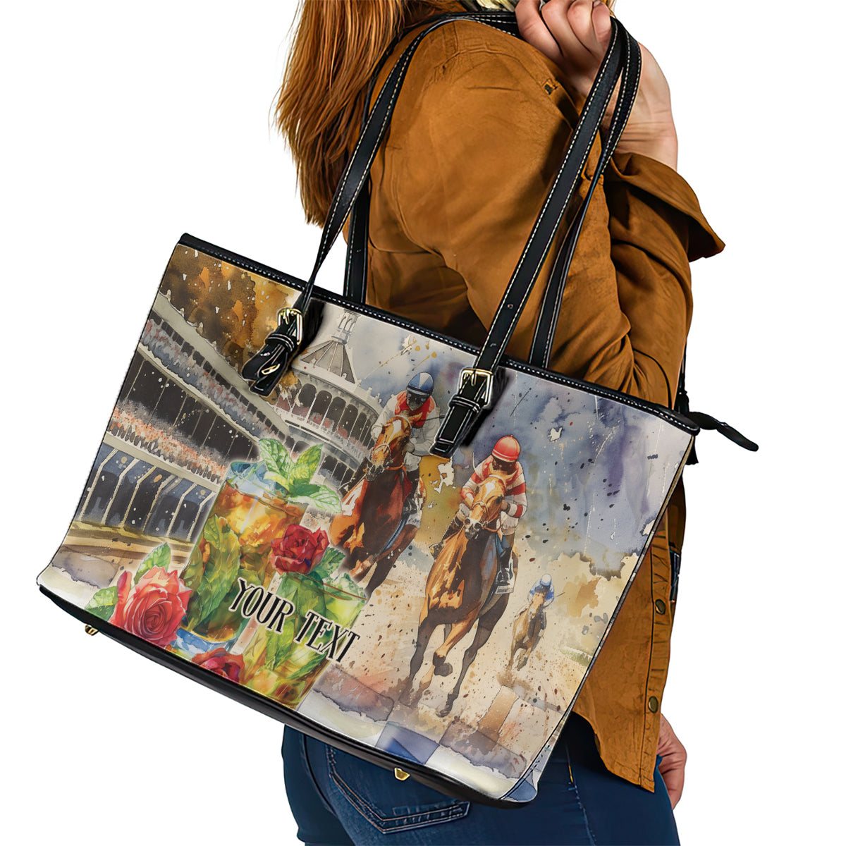 Personalized Kentucky Horse Race Leather Tote Bag With Mint Julep Cocktail LT9