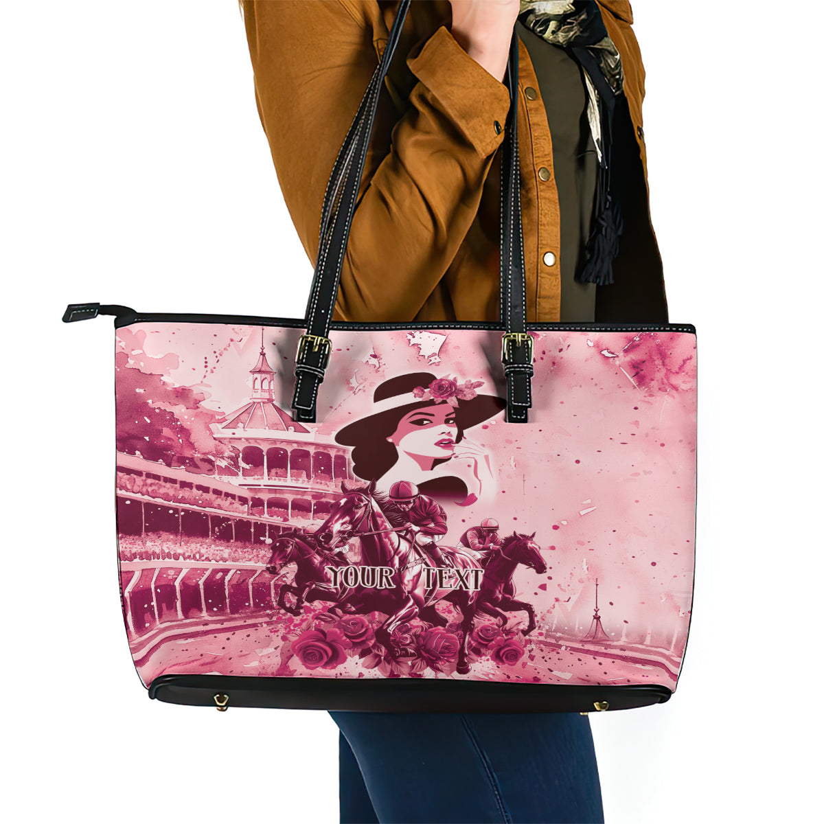 Personalized Kentucky Ladies Leather Tote Bag The Run For The Roses Derby - Pink Out LT9