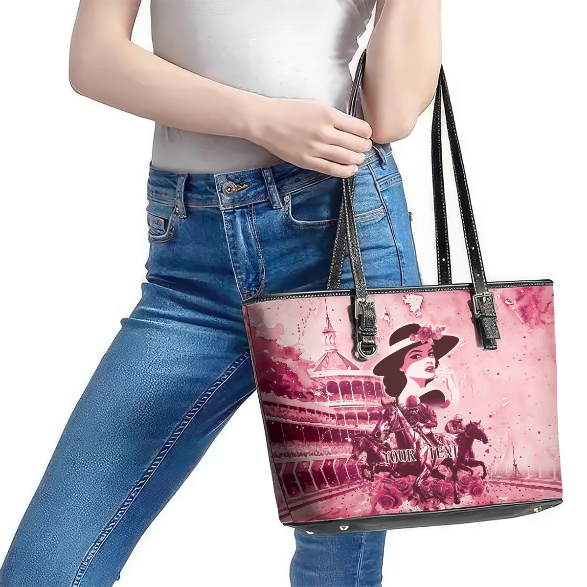 Personalized Kentucky Ladies Leather Tote Bag The Run For The Roses Derby - Pink Out LT9