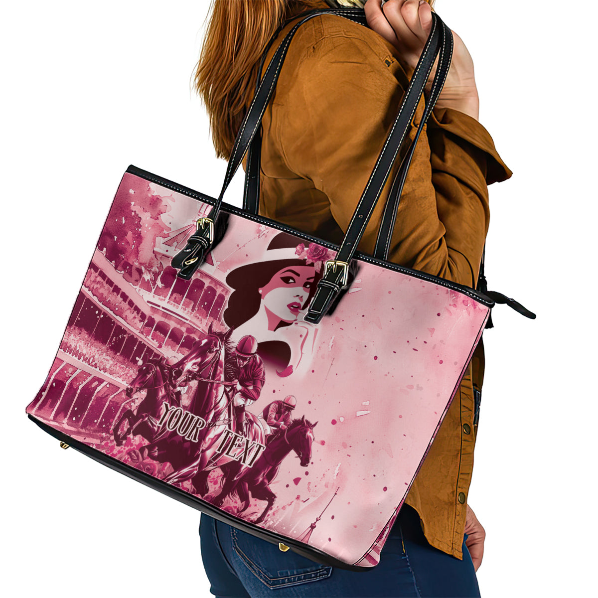Personalized Kentucky Ladies Leather Tote Bag The Run For The Roses Derby - Pink Out LT9