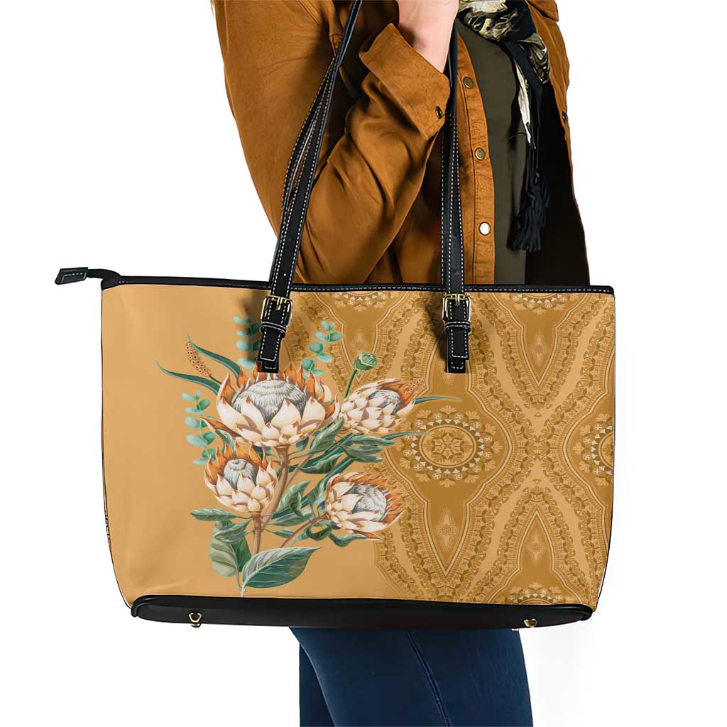 Africa King Proteas Dashiki Motif Leather Tote Bag Gold Style LT9