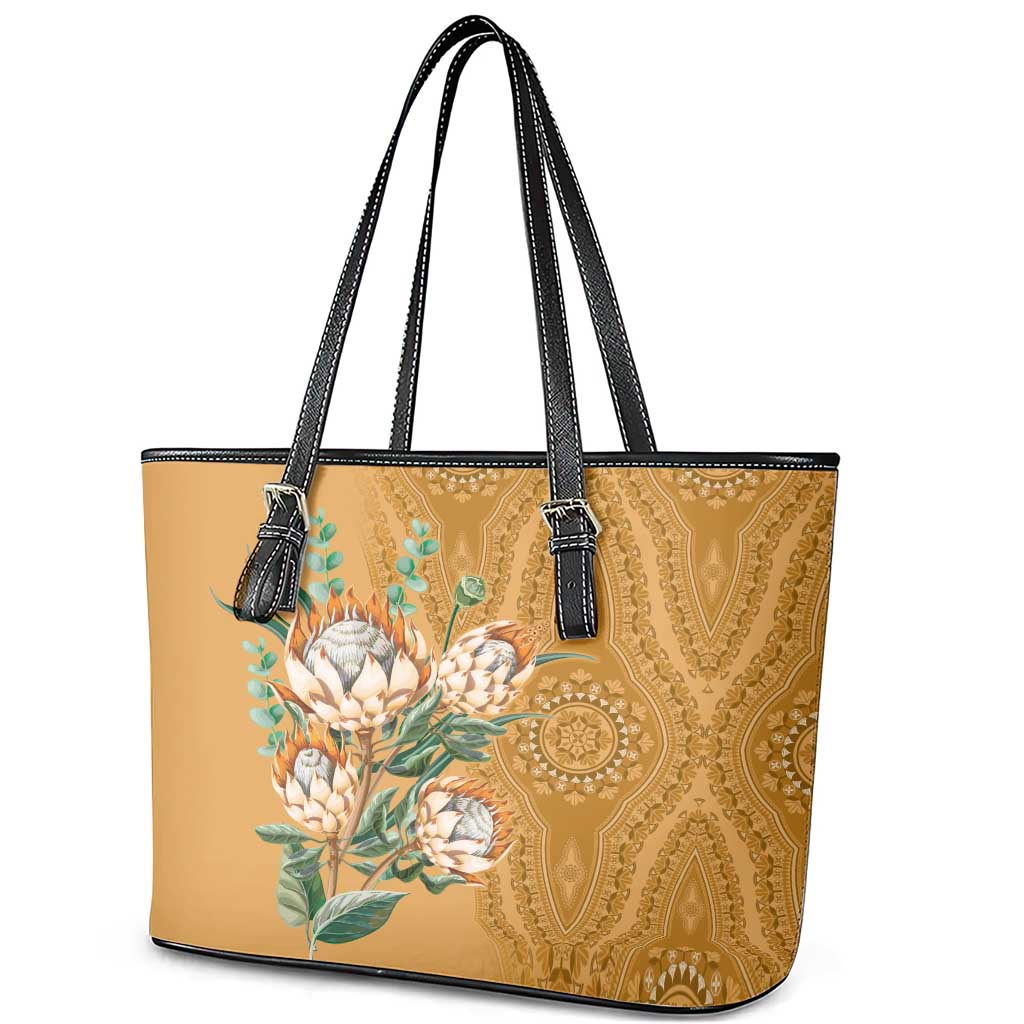 Africa King Proteas Dashiki Motif Leather Tote Bag Gold Style LT9