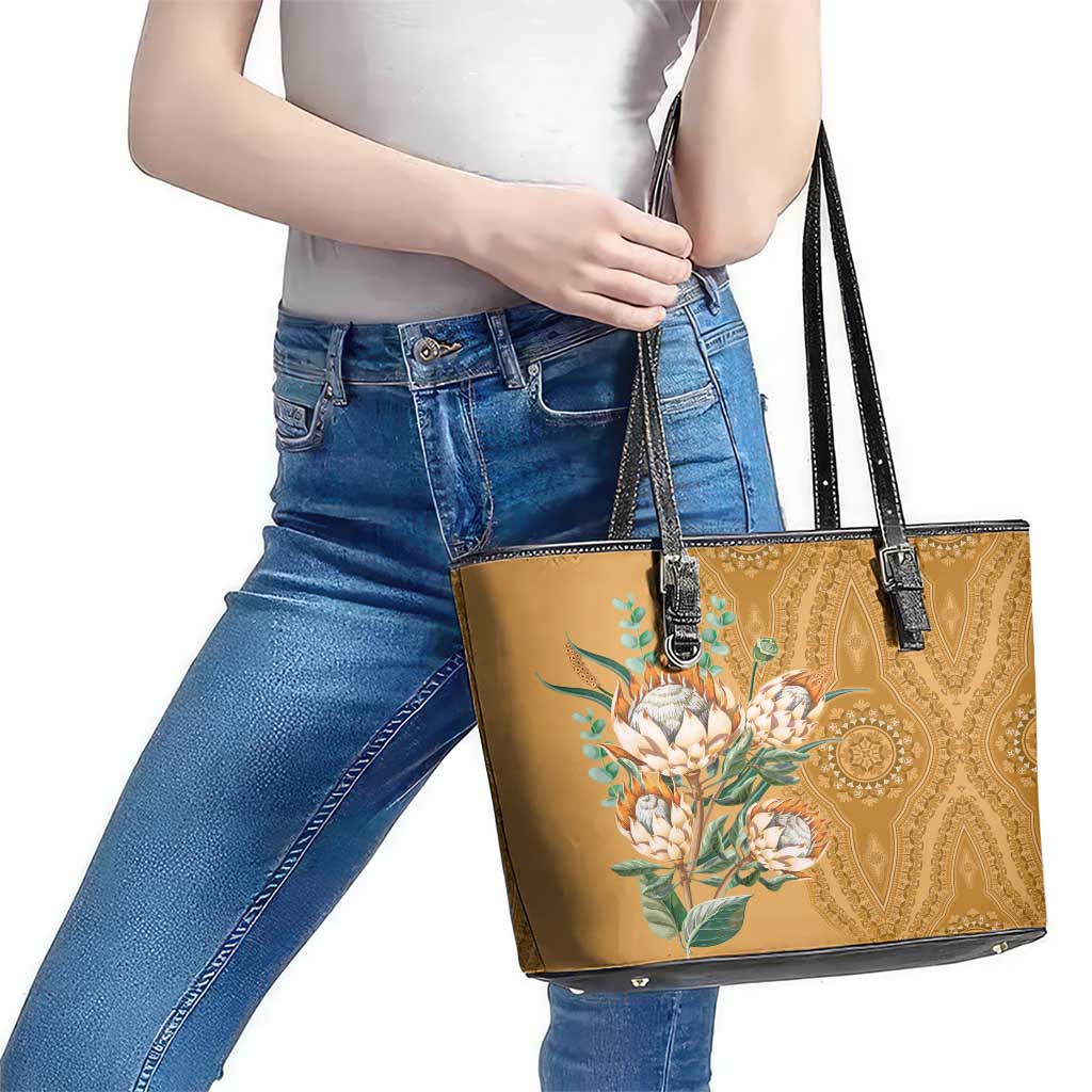 Africa King Proteas Dashiki Motif Leather Tote Bag Gold Style LT9
