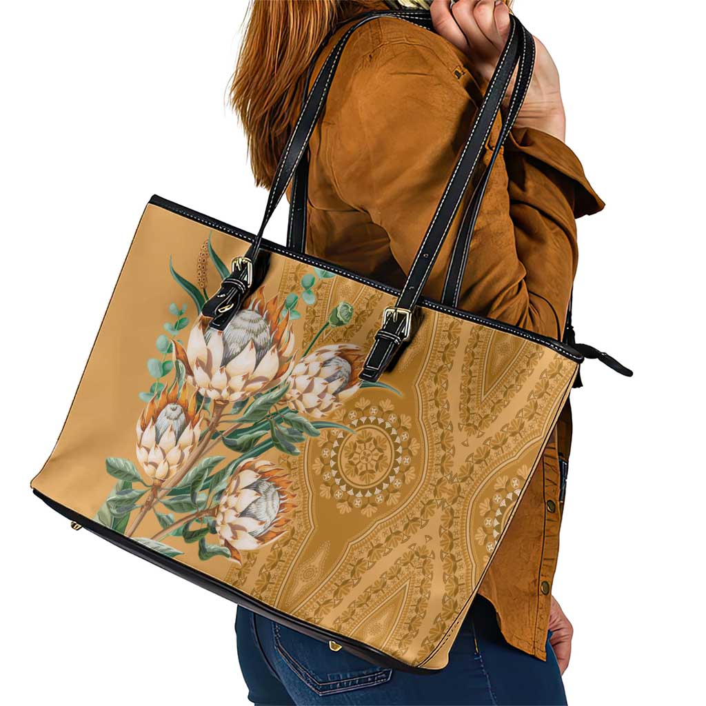 Africa King Proteas Dashiki Motif Leather Tote Bag Gold Style LT9