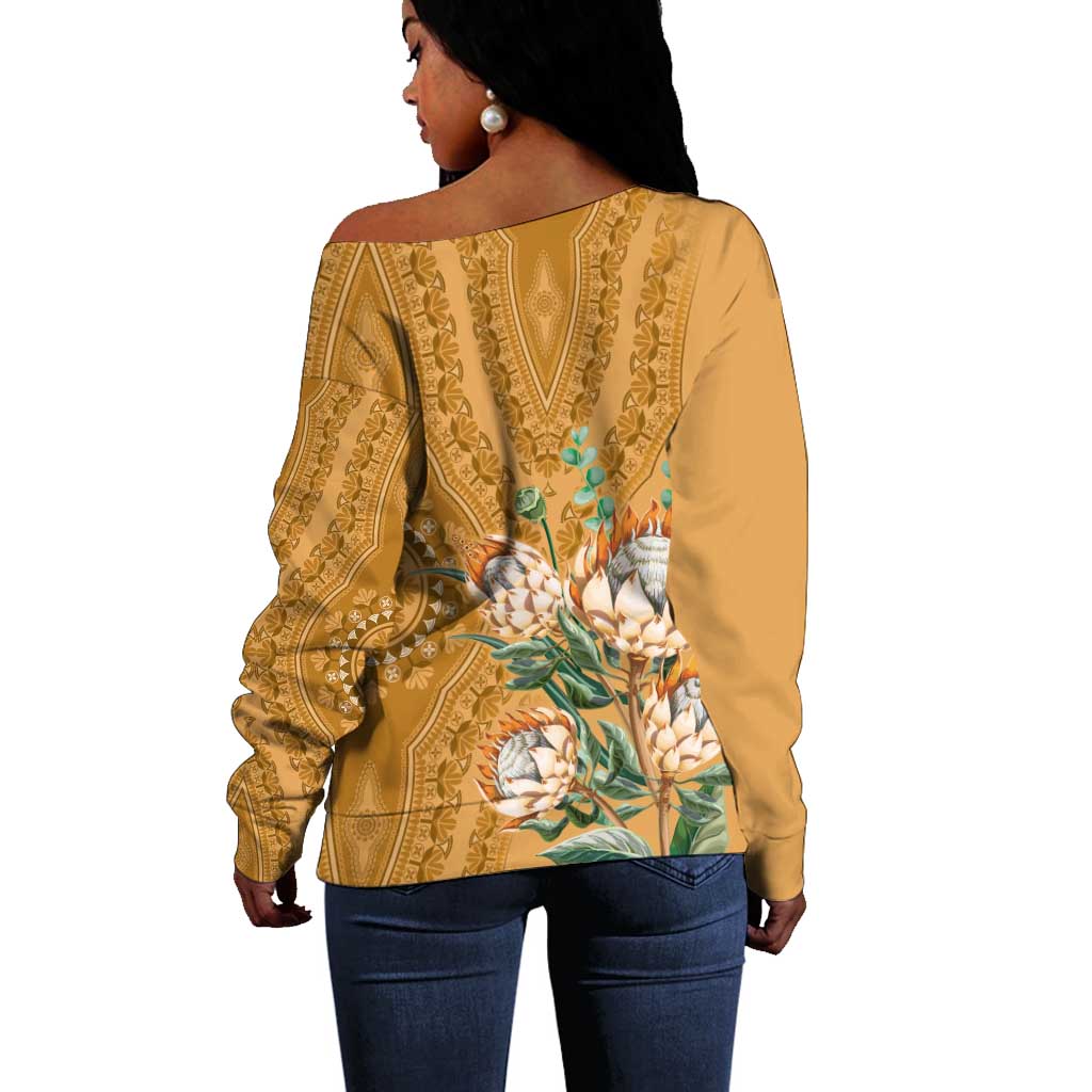 Afro King Proteas Dashiki Motif Off Shoulder Sweater Gold Style LT9