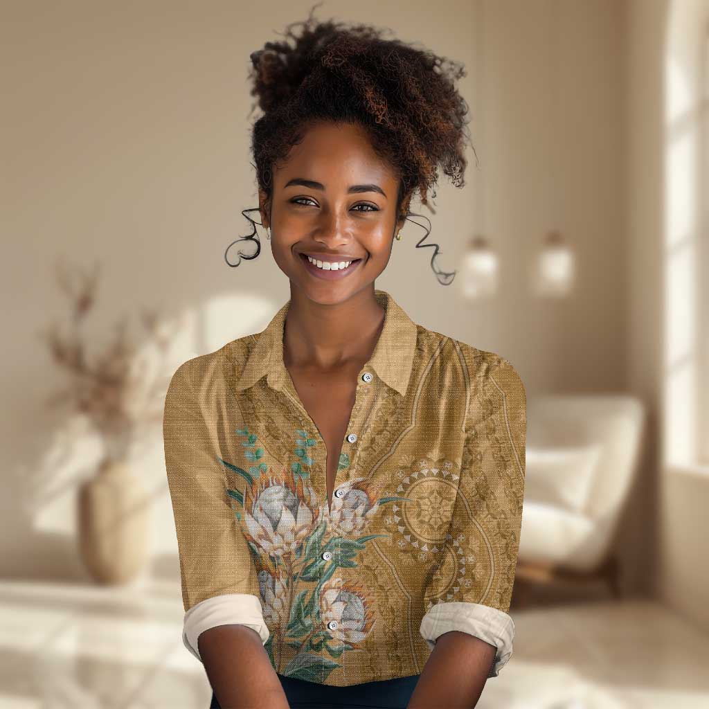 Afro King Proteas Dashiki Motif Women Casual Shirt Gold Style LT9