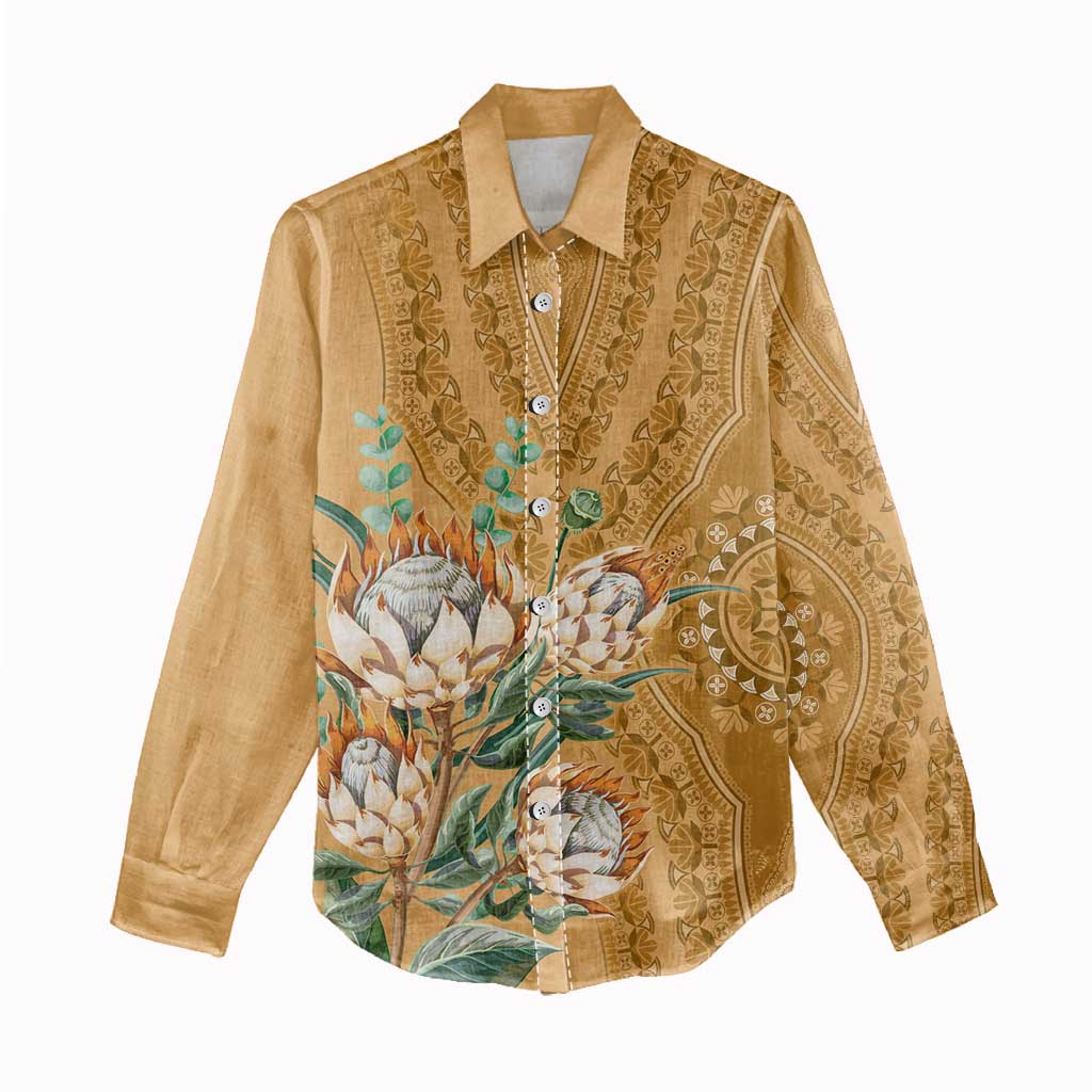 Afro King Proteas Dashiki Motif Women Casual Shirt Gold Style LT9
