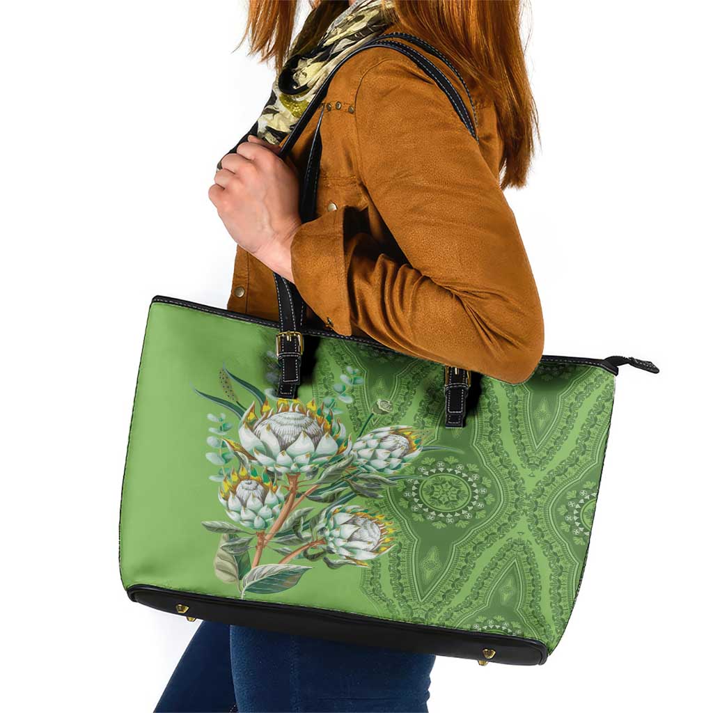 Africa King Proteas Dashiki Motif Leather Tote Bag Green Style LT9