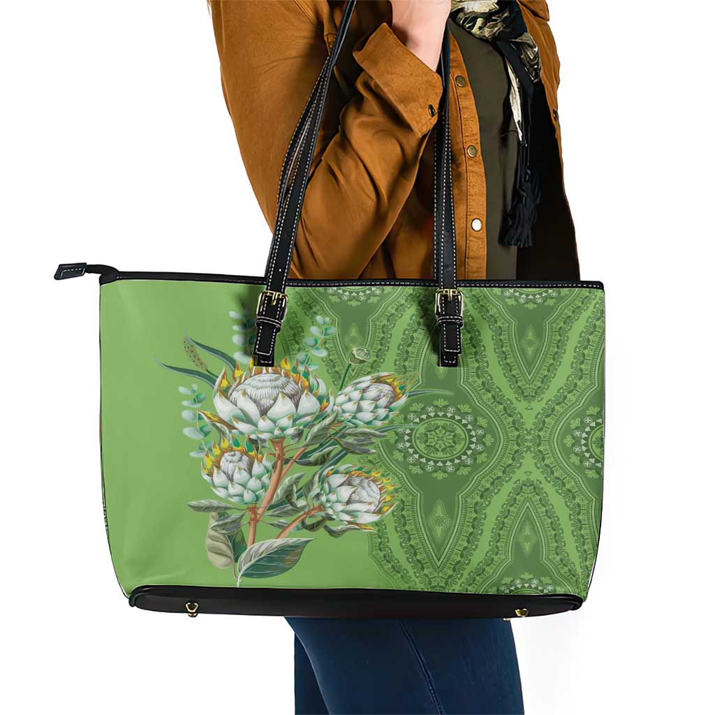 Africa King Proteas Dashiki Motif Leather Tote Bag Green Style LT9