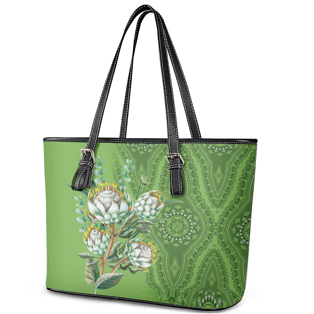 Africa King Proteas Dashiki Motif Leather Tote Bag Green Style LT9