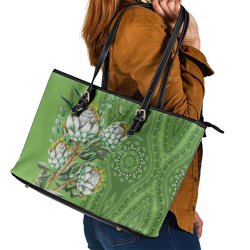 Africa King Proteas Dashiki Motif Leather Tote Bag Green Style LT9