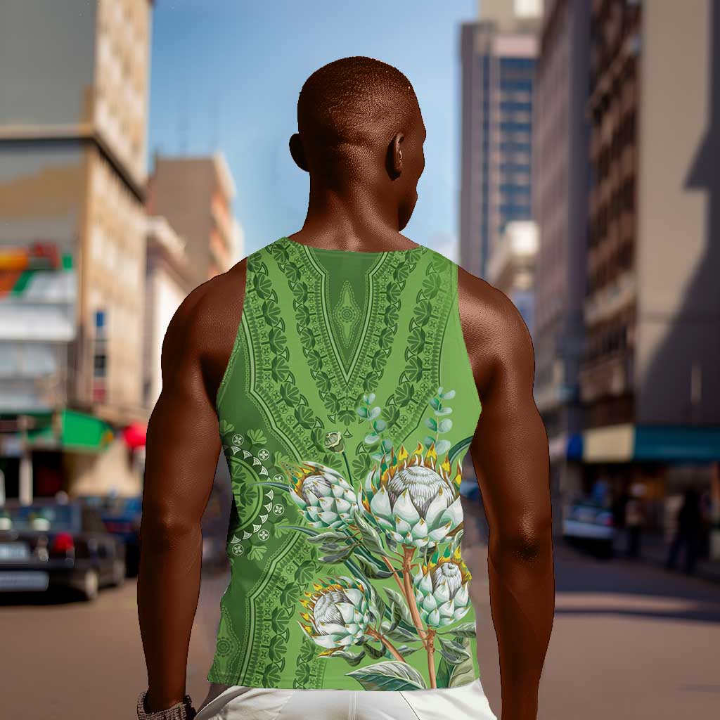 Afro King Proteas Dashiki Motif Men Tank Top Green Style LT9