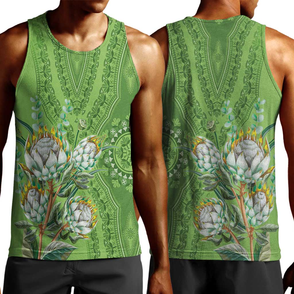 Afro King Proteas Dashiki Motif Men Tank Top Green Style LT9