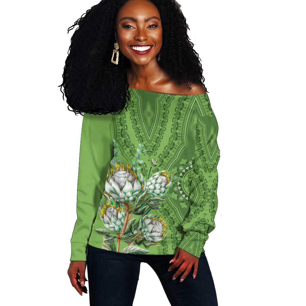 Afro King Proteas Dashiki Motif Off Shoulder Sweater Green Style LT9