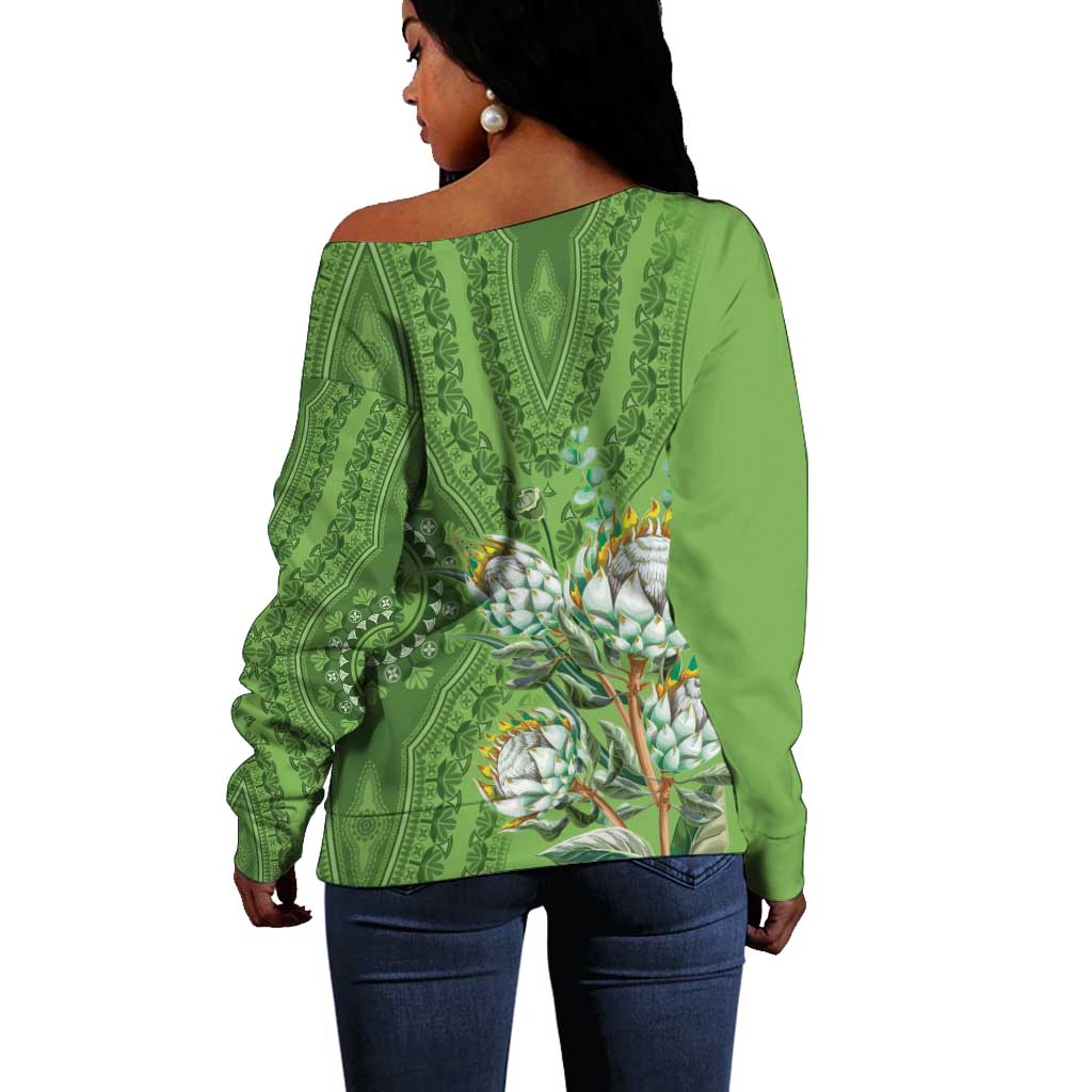 Afro King Proteas Dashiki Motif Off Shoulder Sweater Green Style LT9