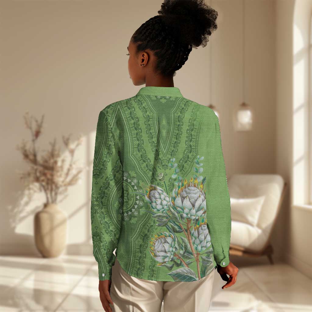 Afro King Proteas Dashiki Motif Women Casual Shirt Green Style LT9