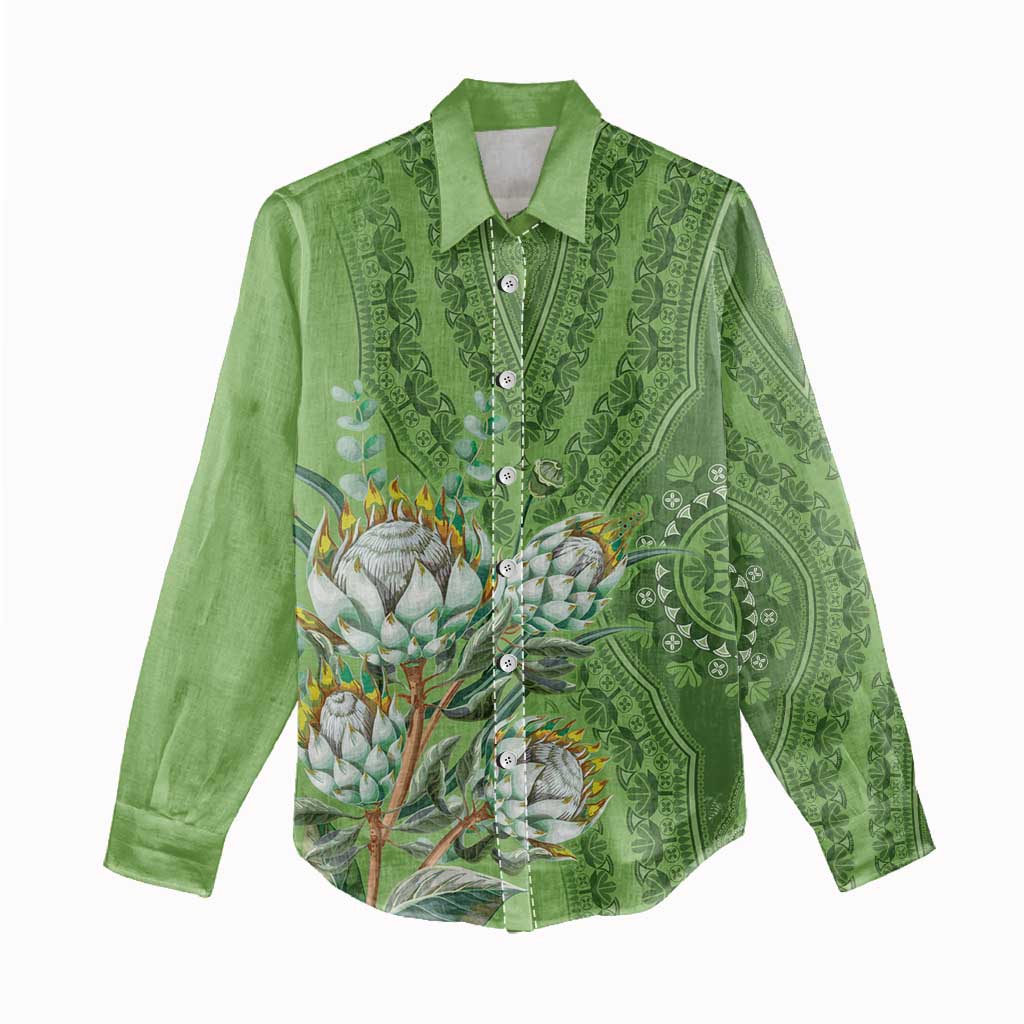 Afro King Proteas Dashiki Motif Women Casual Shirt Green Style LT9