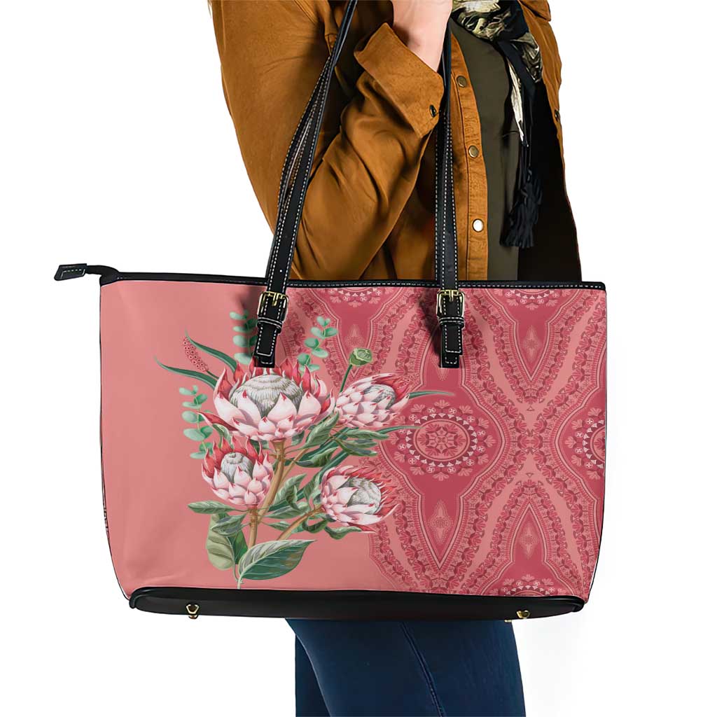 Africa King Proteas Dashiki Motif Leather Tote Bag Peach Style LT9