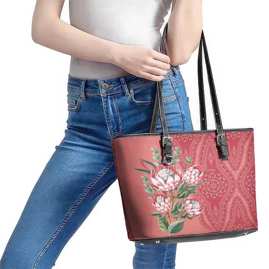 Africa King Proteas Dashiki Motif Leather Tote Bag Peach Style LT9