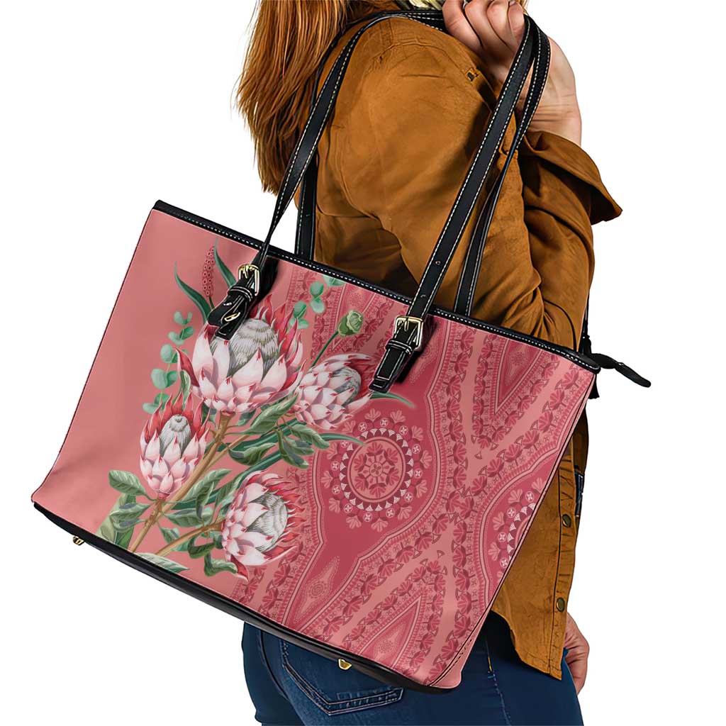 Africa King Proteas Dashiki Motif Leather Tote Bag Peach Style LT9