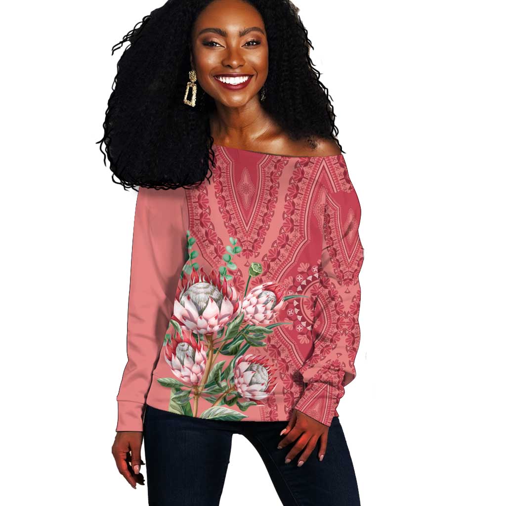 Afro King Proteas Dashiki Motif Off Shoulder Sweater Peach Style LT9