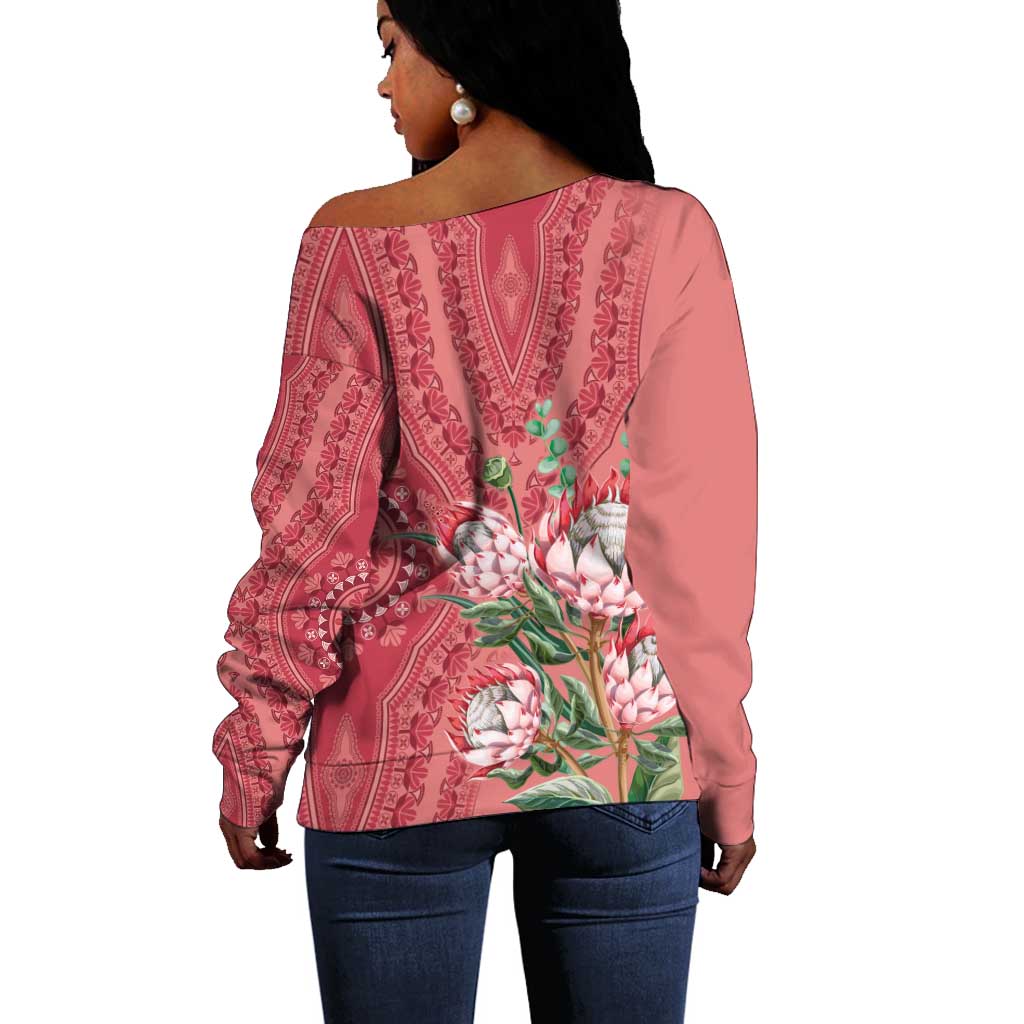 Afro King Proteas Dashiki Motif Off Shoulder Sweater Peach Style LT9