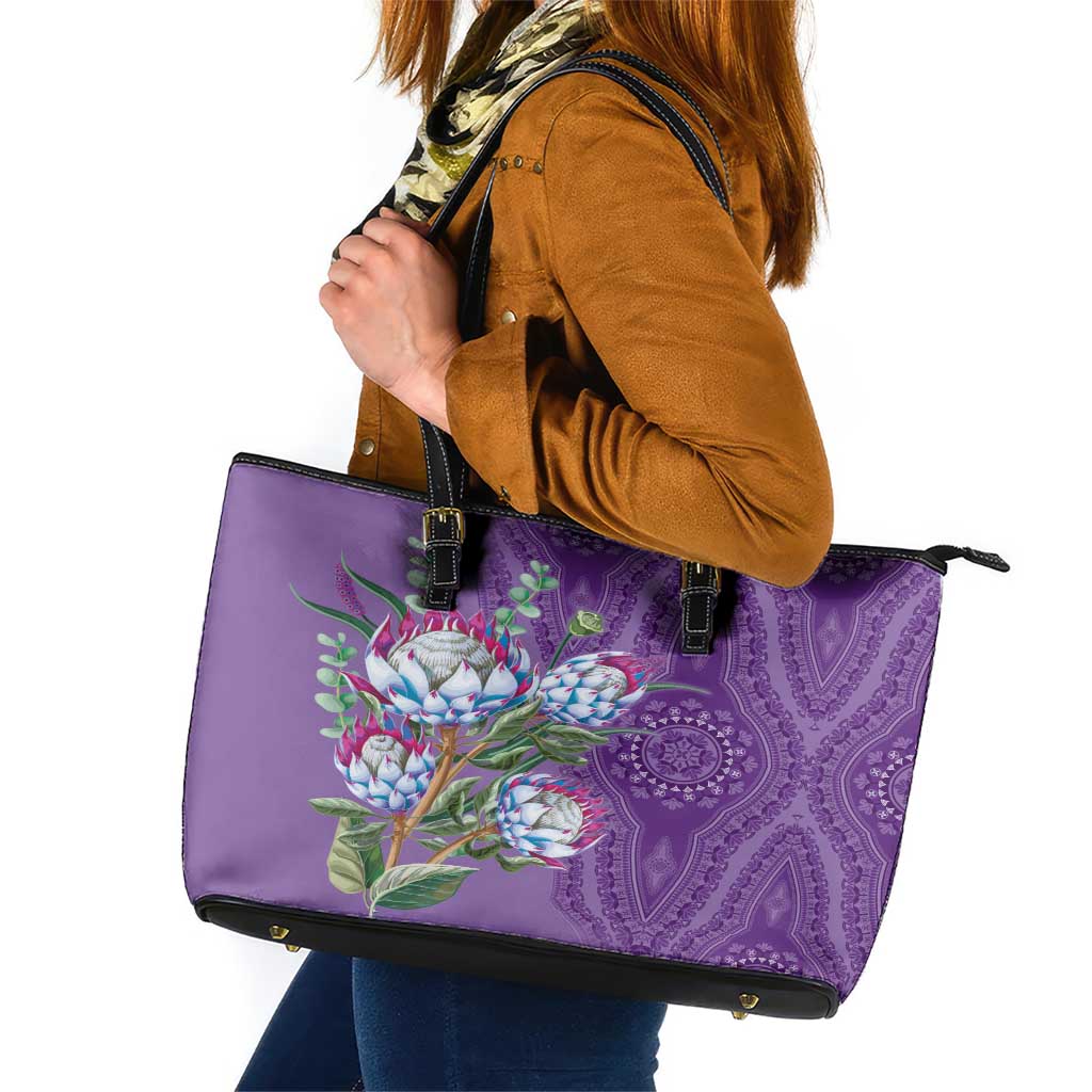 Africa King Proteas Dashiki Motif Leather Tote Bag Violet Style LT9