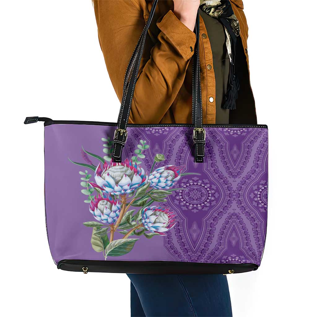 Africa King Proteas Dashiki Motif Leather Tote Bag Violet Style LT9