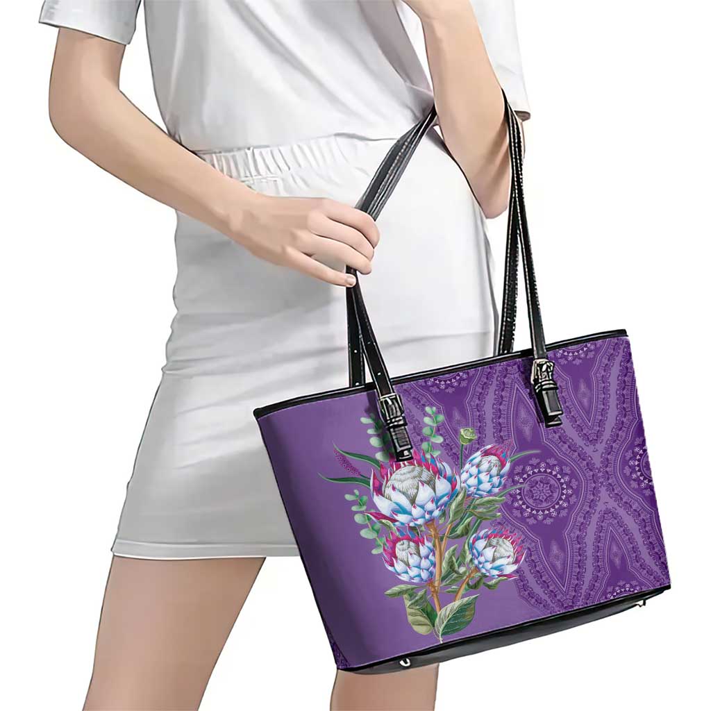 Africa King Proteas Dashiki Motif Leather Tote Bag Violet Style LT9