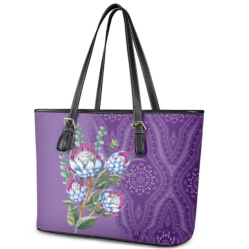 Africa King Proteas Dashiki Motif Leather Tote Bag Violet Style LT9