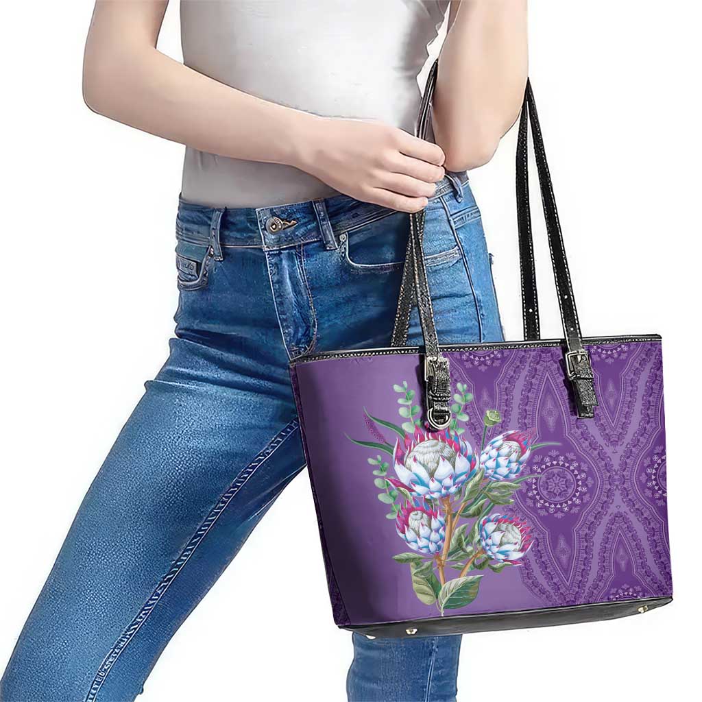 Africa King Proteas Dashiki Motif Leather Tote Bag Violet Style LT9