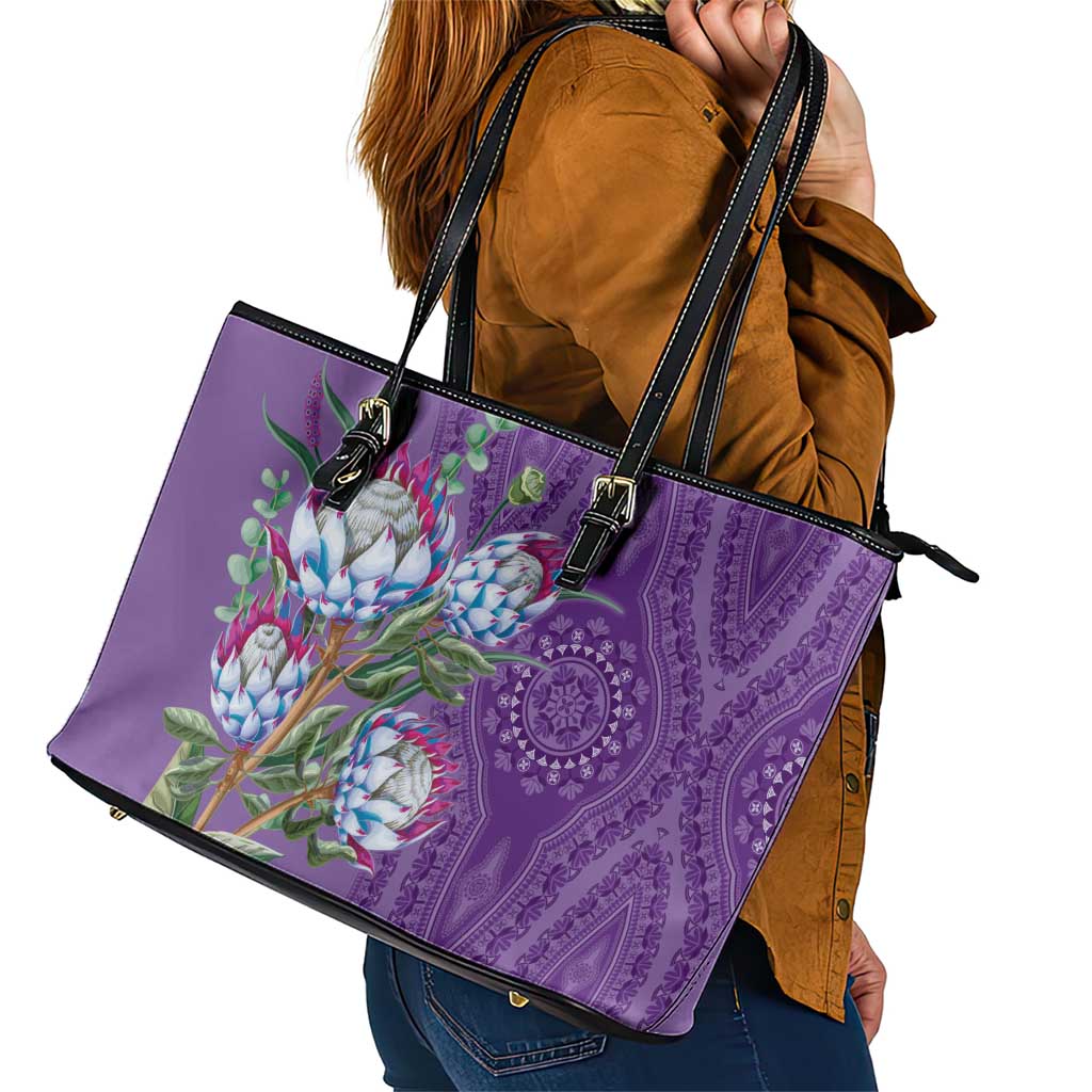 Africa King Proteas Dashiki Motif Leather Tote Bag Violet Style LT9