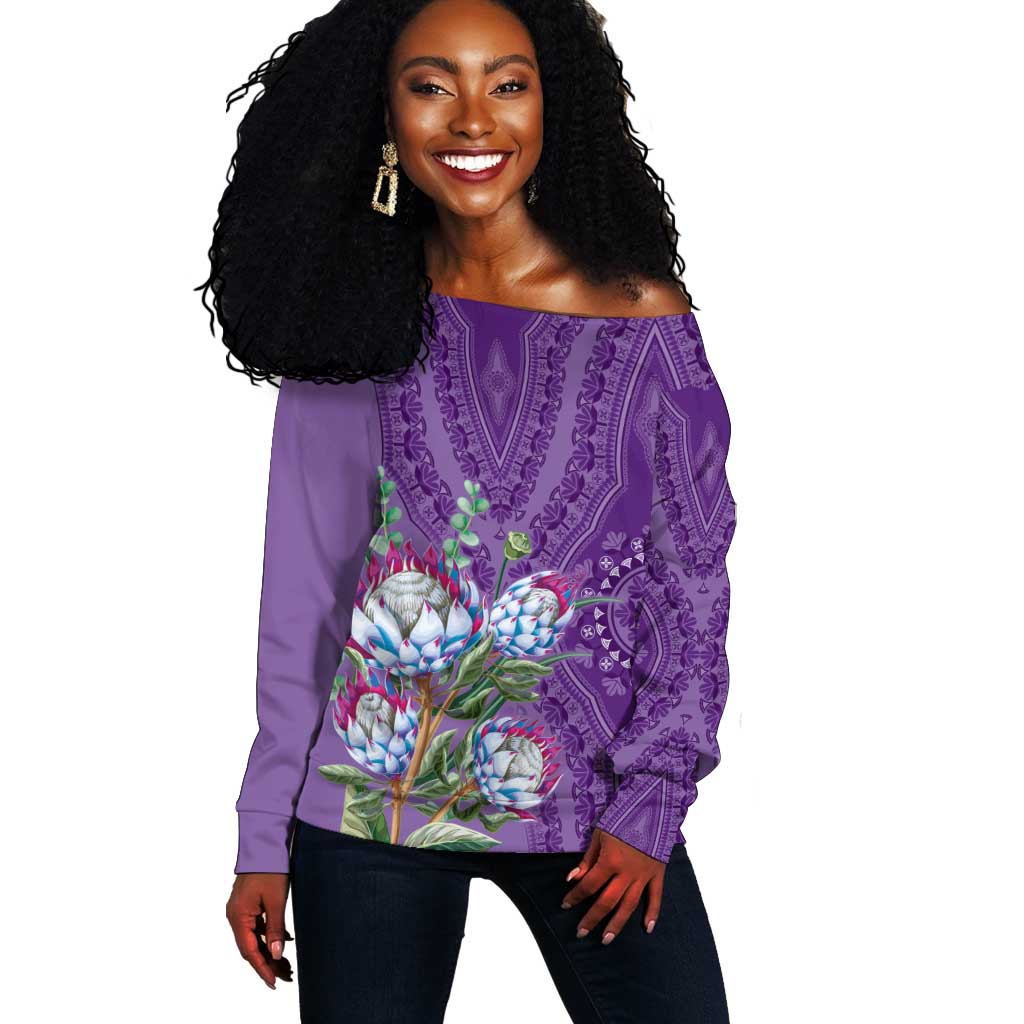 Afro King Proteas Dashiki Motif Off Shoulder Sweater Violet Style LT9