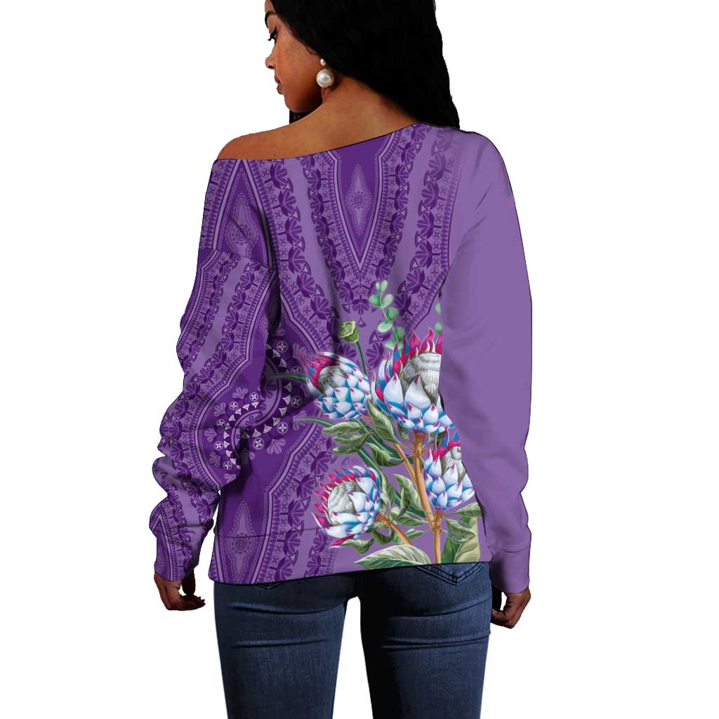 Afro King Proteas Dashiki Motif Off Shoulder Sweater Violet Style LT9