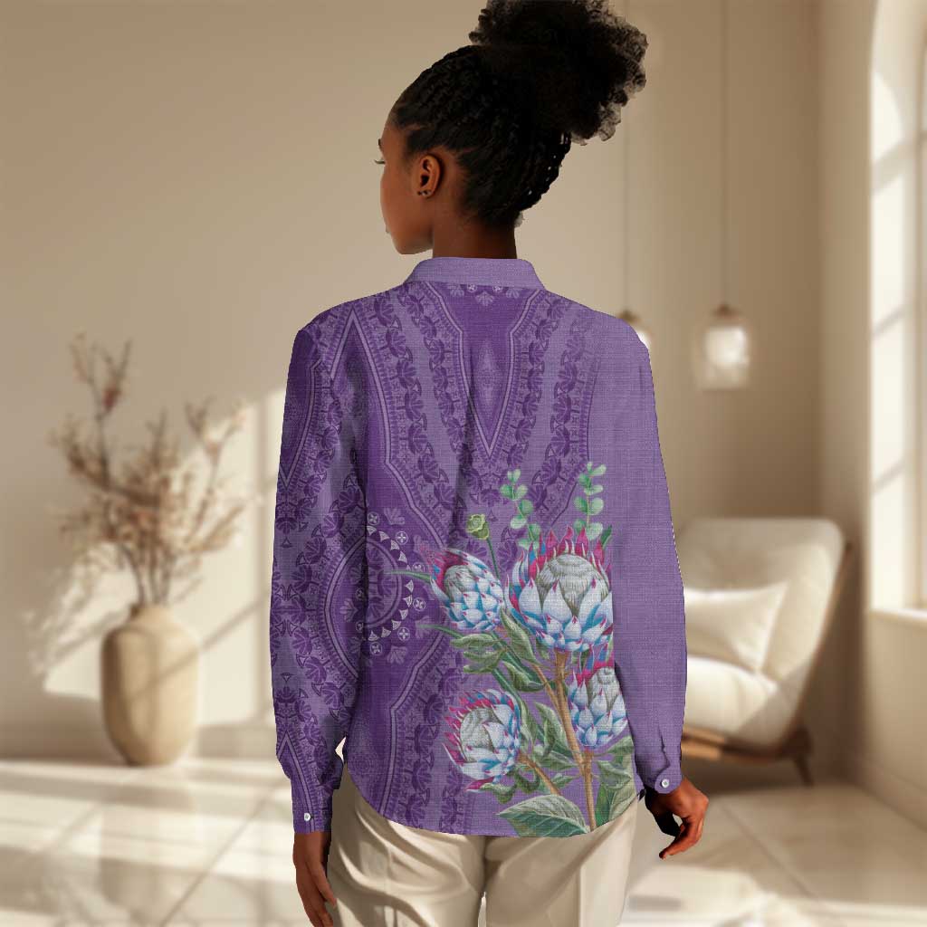 Afro King Proteas Dashiki Motif Women Casual Shirt Violet Style LT9