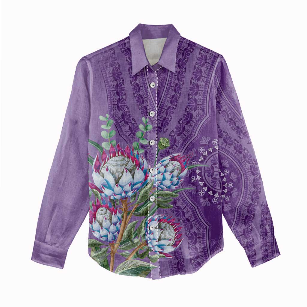 Afro King Proteas Dashiki Motif Women Casual Shirt Violet Style LT9
