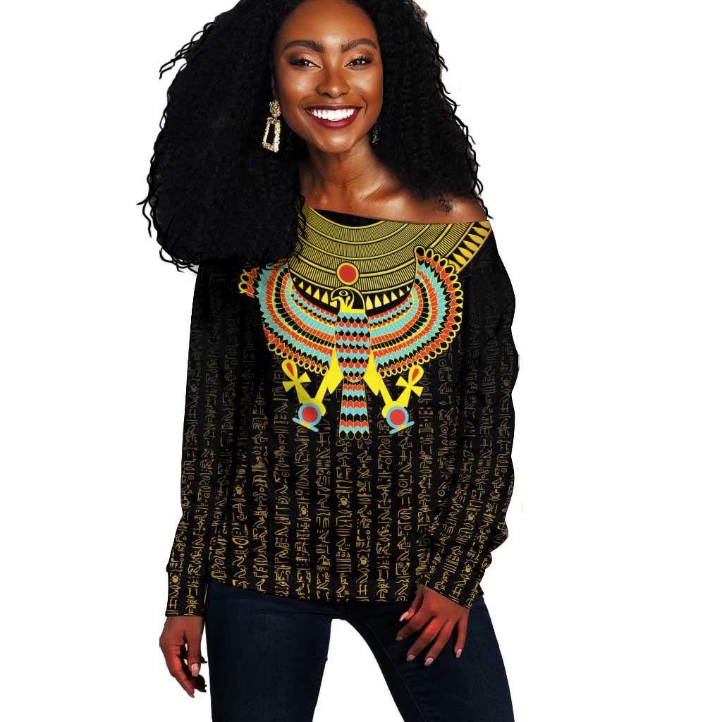 Ancient Egyptian Off Shoulder Sweater Symbol of Horus The Falcon God LT9