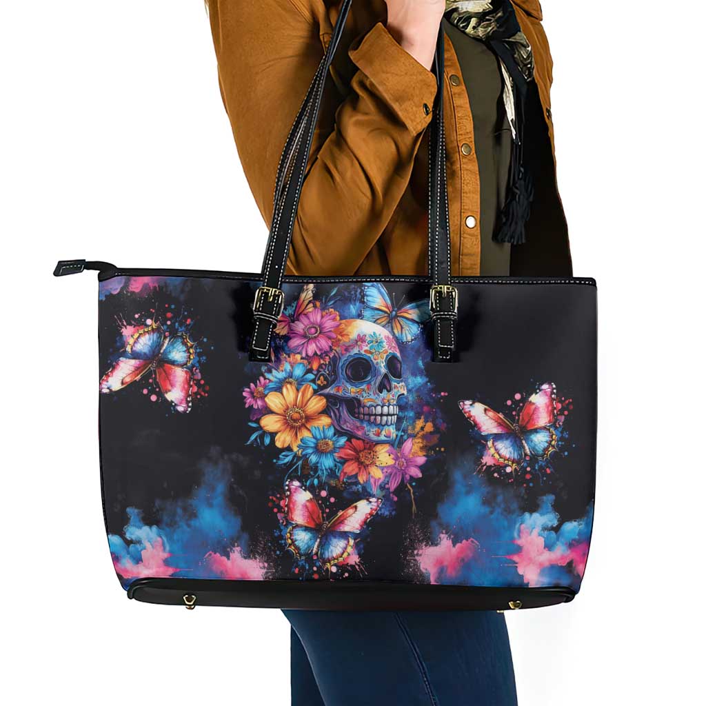 Mexican La Calaca and Butterfly Leather Tote Bag Skull Day Of The Dead LT9