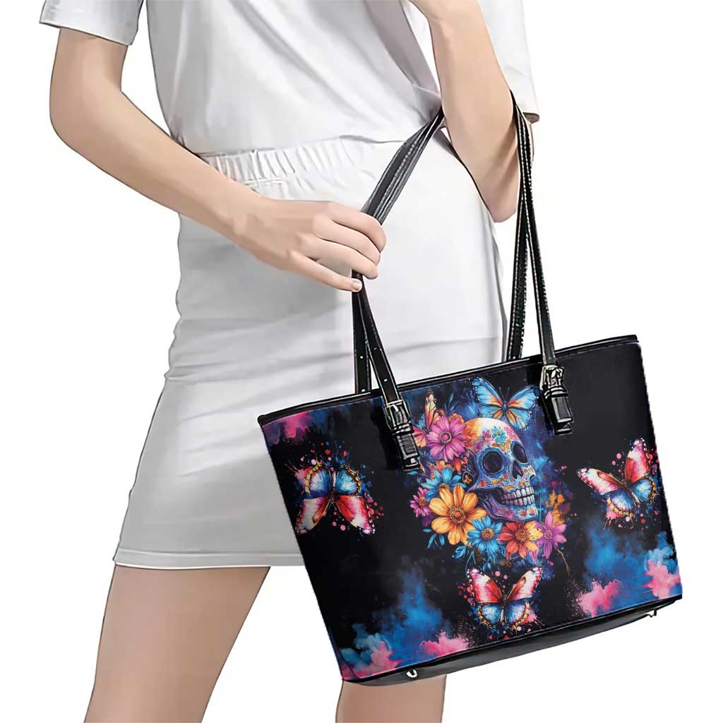 Mexican La Calaca and Butterfly Leather Tote Bag Skull Day Of The Dead LT9